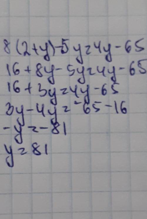 Реши уравнение: 8⋅(2+y)−5y=4y−65. ответ: y=