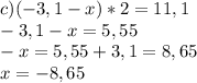 c)(-3,1-x)*2=11,1\\-3,1-x=5,55\\-x=5,55+3,1=8,65\\x=-8,65