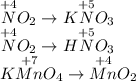 \overset{+4}{N}O_2 \to K\overset{+5}{N}O_3\\\overset{+4}{N}O_2 \to H\overset{+5}{N}O_3\\K\overset{+7}{Mn}O_4 \to \overset{+4}{Mn}O_2