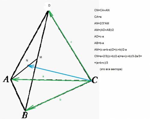 В тетраэдре ABCD на медиане АМ треугольника ABD взята точка N так, что AN=AM.Выразите вектор CNчере