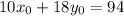 10x_{0} + 18y_{0} = 94