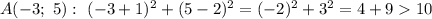 A (-3; \ 5): \ (-3 + 1)^{2} + (5 - 2)^{2} = (-2)^{2} + 3^{2} = 4 + 9 10