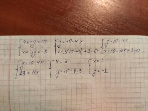 Решите систему уровнения. 4x+y =10 x+3y=-3