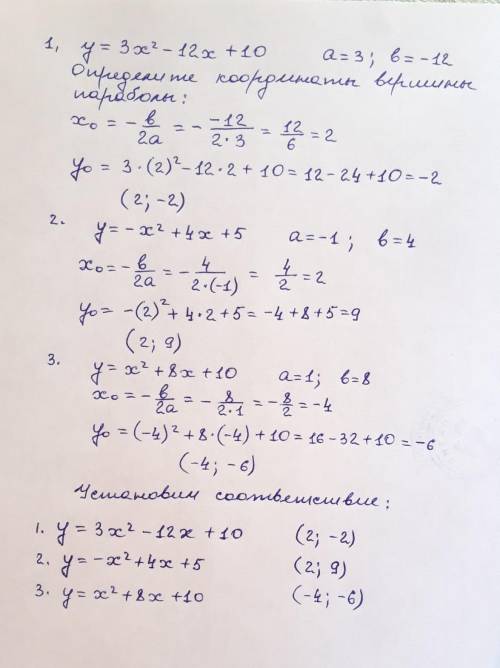 Установите соответствие между квадратичной функцией и координатами вершины. y=3-12x+10 (-4;-6) y=-+
