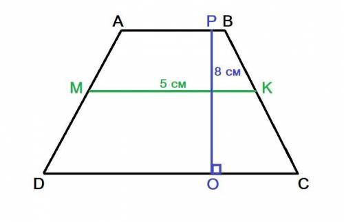 6. Средняя линия трапеции равна 8 см, а высота -5 см. Найдите площадь трапеции.​