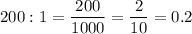 200:1=\dfrac{200}{1000}=\dfrac{2}{10}=0.2