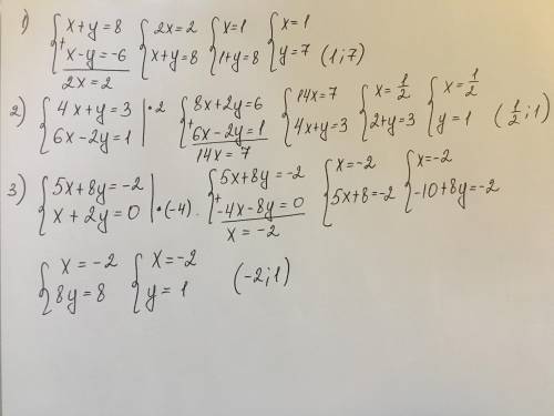 Решите систему уравнений с сложения 1) х + у = 8 х – у = - 6 2)4х + у = 3 6х – 2у = 1 3)5х + 8у =