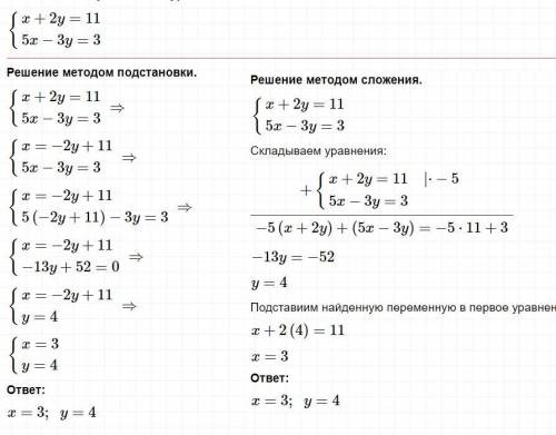 Розвяжіть методом підстановки х+2у=11 5х-3у=3