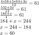 \frac{4*58+5*64+3x}{12} =61\\\frac{552+3x}{12} =61\\\frac{184+x}{4} =61\\184+x=244\\x=244-184\\x=60