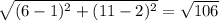 \sqrt{(6-1)^{2} + (11-2)^{2} } = \sqrt{106}