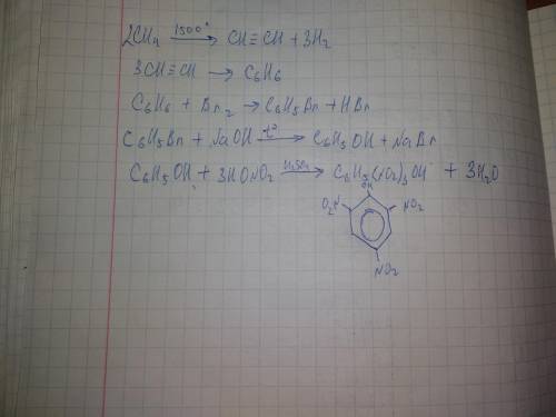 Совершите преобразования, дайте названия веществам : метан-етин-бензол-бромбензол-фенол-тринитрофено