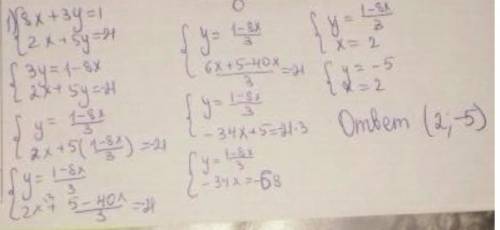 Решите систему уравнений {8x+3y=1 ,{2x+5y=-21