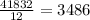 \frac{41832}{12}= 3486