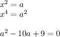 x^{2} =a \\ x^{4} =a^{2}\\ \\a^{2} -10a+9=0\\