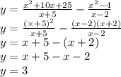 y = \frac{ {x}^{2} + 10x + 25 }{x + 5} - \frac{ {x}^{2} - 4 }{x - 2} \\ y = \frac{ {( \times + 5)}^{2} }{x + 5 } - \frac{(x - 2)(x + 2)}{x - 2} \\ y = x + 5 - (x + 2) \\ y = x + 5 - x - 2 \\ y = 3