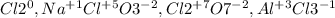 Cl{2}^{0}, Na^{+1} Cl^{+5} O3^{-2}, Cl2^{+7} O7^{-2}, Al^{+3} Cl3^{-1}