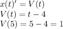 x(t)'=V(t)\\V(t)=t-4\\V(5)=5-4=1