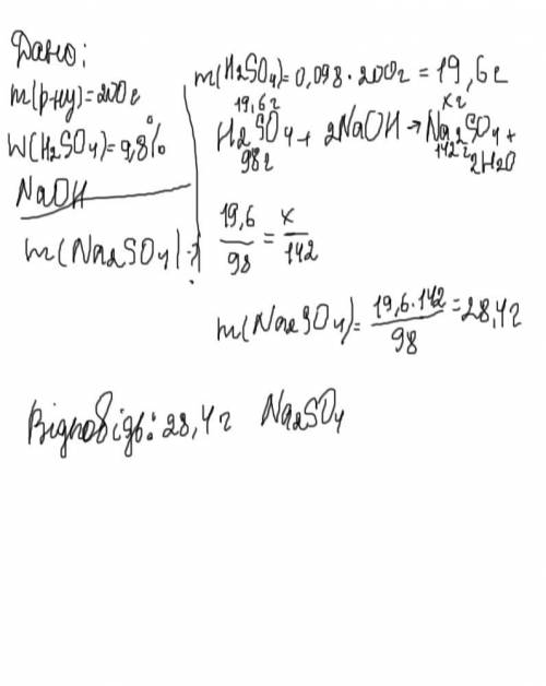 Гідроксид натрію обробили 200г H2SO4 з масовою часткою 9.8%.Яка масса сульфату натрыю утворилася в р