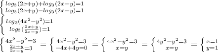 \left \{ {{log_{3}(2x+y)+log_{3}(2x-y)=1 } \atop {log_{3}(2x+y)-log_{3}(2x-y)=1}} \right.\\\left \{ {{log_{3}(4x^{2}-y^{2})=1 } \atop {log_{3}(\frac{2x+y}{2x-y} )=1}} \right.\\ \\\left \{ {{4x^{2}-y^{2}=3} \atop {\frac{2x+y}{2x-y}=3}} \right. =\left \{ {{4x^{2}-y^{2}=3} \atop {-4x+4y=0}} \right.=\left \{ {{4x^{2}-y^{2}=3} \atop {x=y}} \right. =\left \{ {{4y^{2}-y^{2}=3} \atop {x=y}} \right.=\left \{ {{x=1} \atop {y=1}} \right.