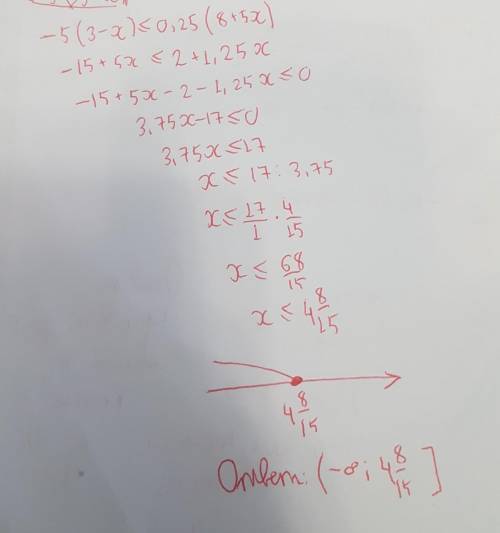 Решите неравенство -5·(3-х)≤0,25·(8+5х Очень надо