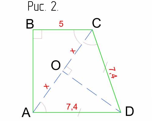 В прямоугольной трапеции основания равны 5 и 7,4. Меньшая диагональ есть биссектрисой тупого угла. В