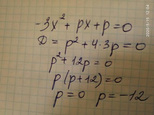 при каких значениях параметра p уравнение -3x^2 + px + p = 0 имеет один корень?