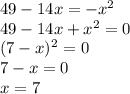 49-14x=-x^{2} \\49-14x+x^{2} =0\\(7-x)^{2} =0\\7-x=0\\x=7