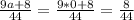 \frac{9a+8}{44}=\frac{9*0+8}{44}=\frac{8}{44}