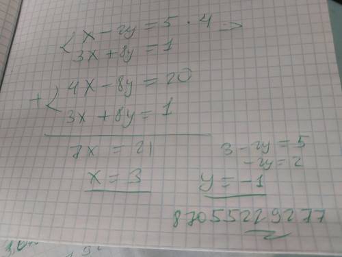 Решите систему функции х-2у=53х+8у=1​