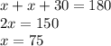 x + x + 30 = 180 \\ 2x = 150 \\ x = 75 \\