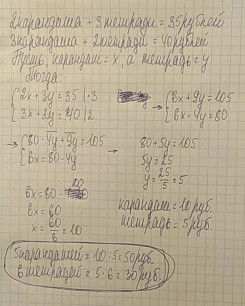 Решите задачу с составления системы уравнения: Два карандаша и три тетради стоят 35 рублей, а три ка