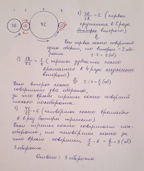 В системе цепных колёс у первого колеса слева 36 зубьев, у следующего — 18, у третьего — 72, а у сам