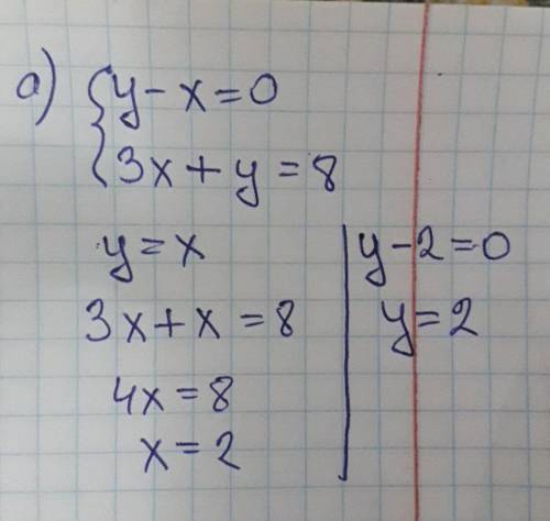 Решите систему уравнений подстановки а) (y-x=0 (3x+y=8