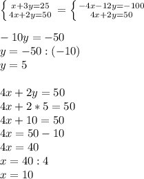 \left \{ {{x+3y=25} \atop {4x+2y=50}} \right.=\left \{ {{-4x-12y=-100} \atop {4x+2y=50}} \right. \\\\-10y=-50\\y=-50:(-10)\\y=5\\\\4x+2y=50\\4x+2*5=50\\4x+10=50\\4x=50-10\\4x=40\\x=40:4\\x=10