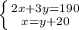 \left \{ {{2x+3y=190} \atop {x=y+20}} \right.