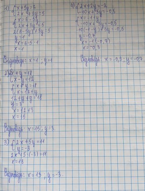 Решите систему подстановки1) x+5y=62x+3y=52)x+y=18x-y=123)2x+5y=11y=-34) 2x+2y=-2-10x+5y=-0,5