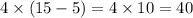 4 \times (15 - 5) = 4 \times 10 = 40