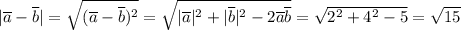 |\overline{a}-\overline{b}|=\sqrt{(\overline{a}-\overline{b})^2}=\sqrt{|\overline{a}|^2+|\overline{b}|^2-2\overline{a}\overline{b}}=\sqrt{2^2+4^2-5}=\sqrt{15}