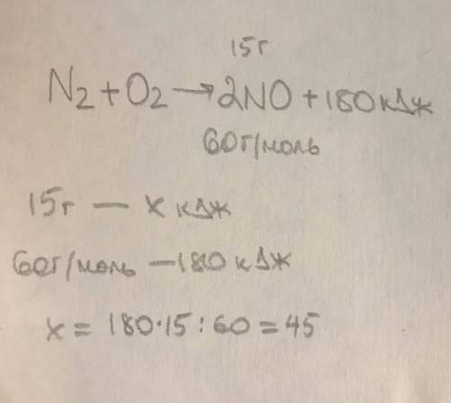 N2+O2=2NO-180кДж, рассчитать сколько выделится теплоты при горении 15грамм оксид азота(II)?