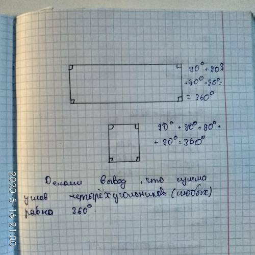 сделать это: Нарисуйте два любых четырехугольника, измерьте его углы. Найдите сумму всех углов четыр