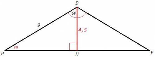 Треугольник PDF- равнобедренный, градусная мера угла D равна 120 градусам, а длина боковой стороны 9