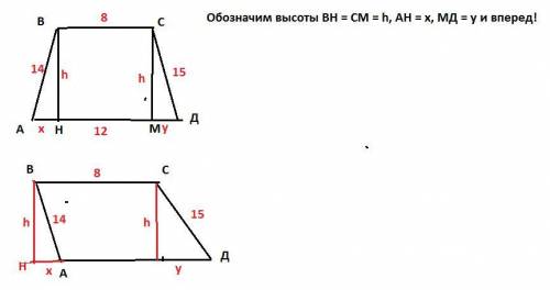 Найдите высоту трапеции, если ее основания равны 8 и 12, а боковые стороны-14 и 15