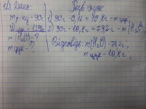 Яку масу води і цукру необхідно взяти для добування 90 г розчину, з масовою часткою цукру 12% ?