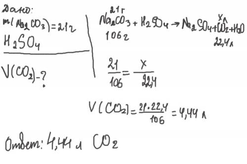 Какой объём оксида углерода 4 н.у. образовался при взаимодействии 21 г карбоната натрия с серной кис