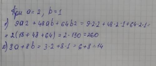 4. У выражение, найдите значение выражения при а = 2, b = 1:9a2+48ab+64b2За+8b​