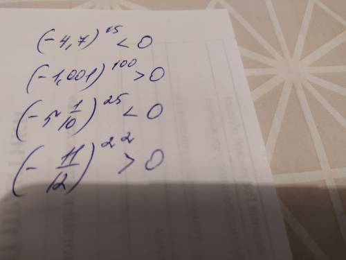 Сравни с нулём: а) (-4,7)15 (это степень) ;(-1,001)100(это степень) ;(-5 1/10)25(это степень);(-11/1