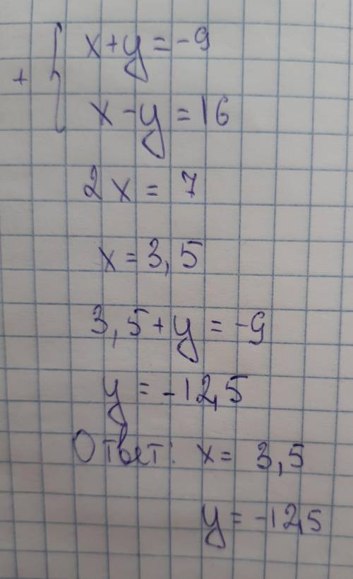 Реши систему уравнений: {x+y=−9x−y=16 ( ; ).