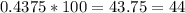 0.4375 * 100 = 43.75 = 44