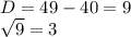 D=49-40=9\\\sqrt{9} =3