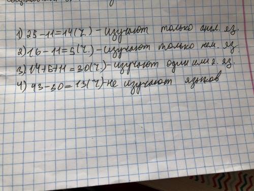 В группе 43 человек(-а). Из них 21 человек(-а) изучают английский язык, 17 — немецкий язык, 11 — оба